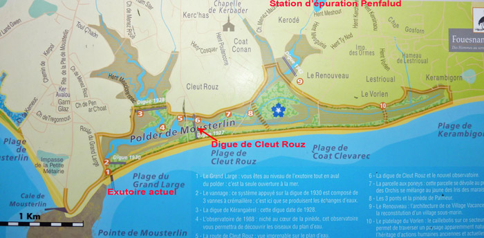 Vue générale du marais de Mousterlin avec les digues, l'exutoire et la station de Penfalud